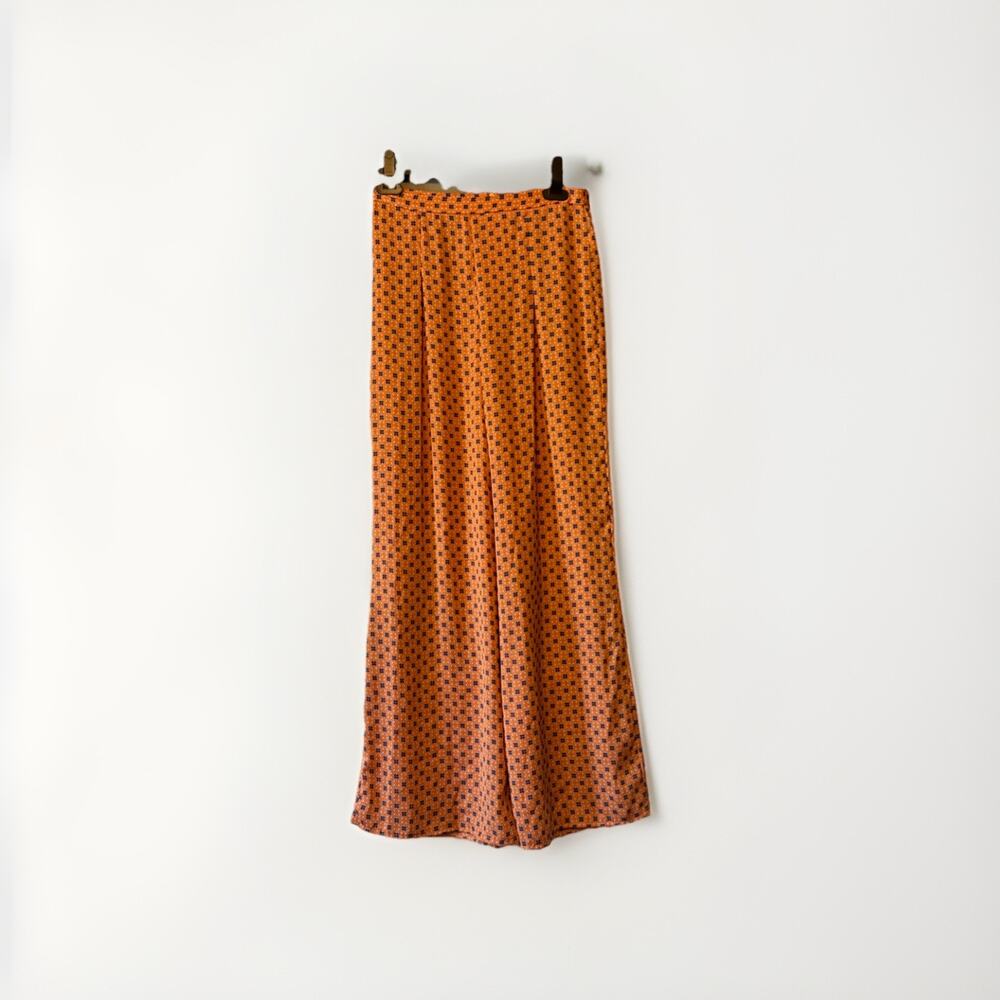 Zara Basic Wide Leg Pants Medium Orange Blue Print Back Zip Lightweight Boho